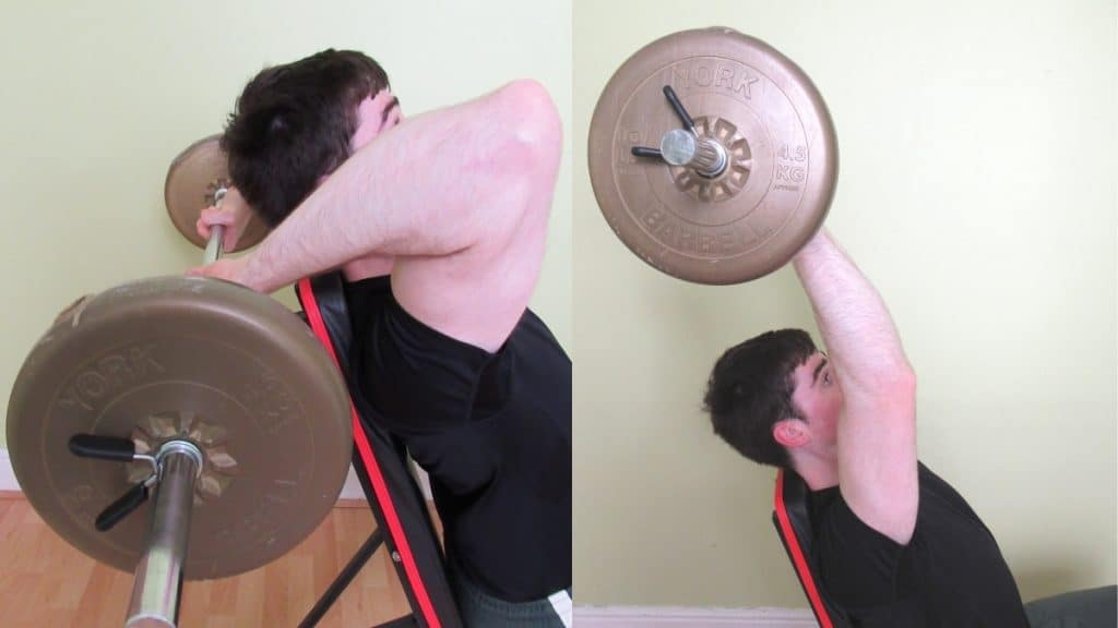 A man performing a seated French curl for his triceps