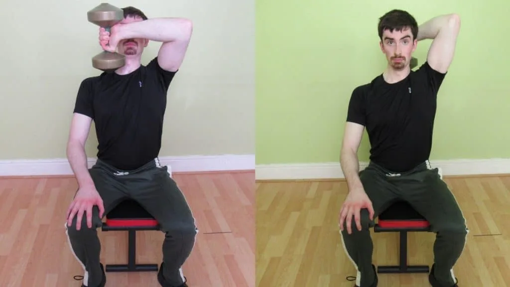 A man performing seated front to back tricep extensions