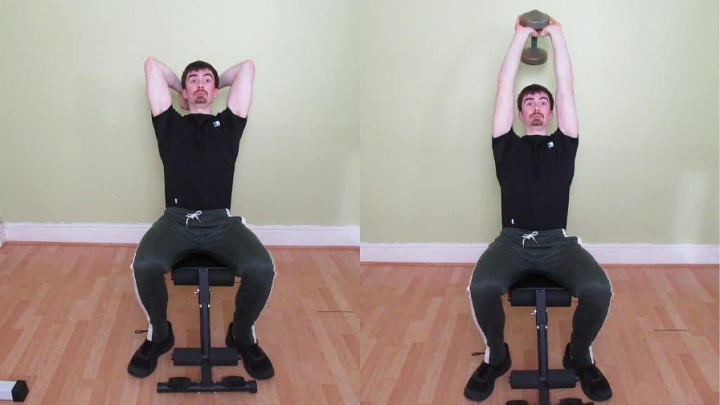 A man performing a seated overhead tricep extension with a dumbbell
