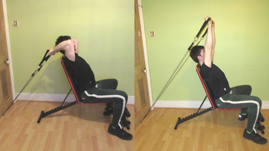 A man performing a seated resistance band French press