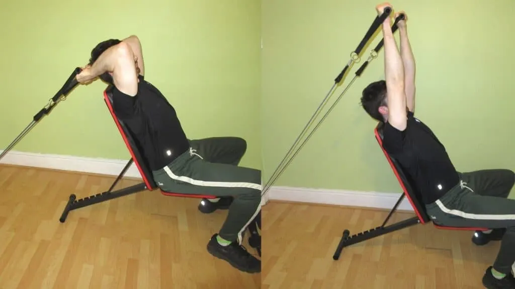 A man doing a seated resistance band tricep extension