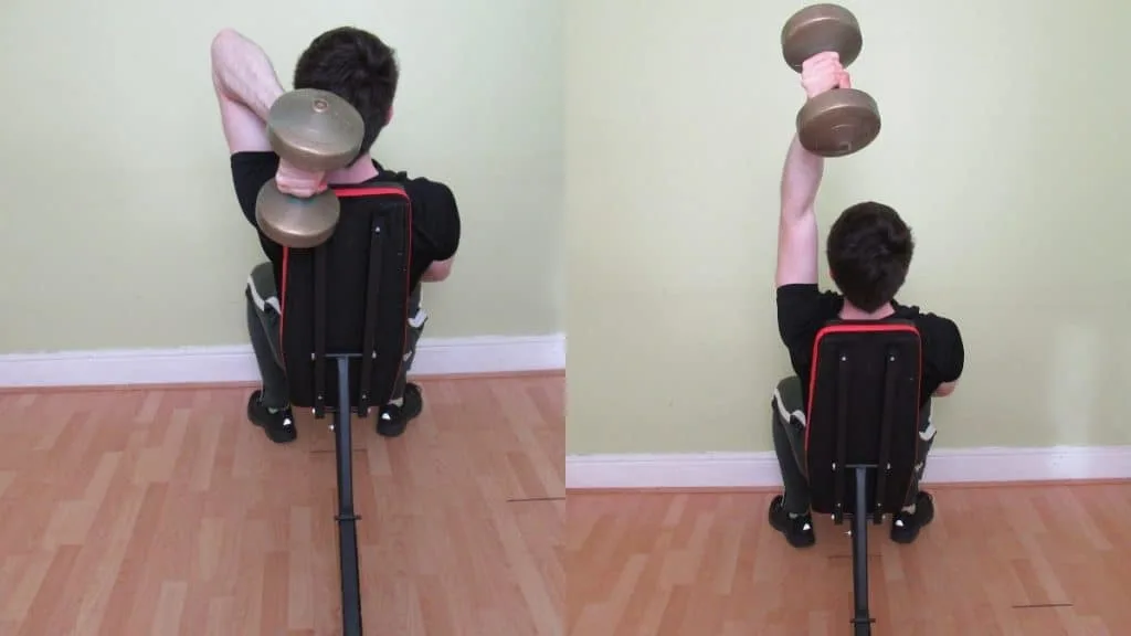 A man doing a seated single arm tricep extension with a dumbbell