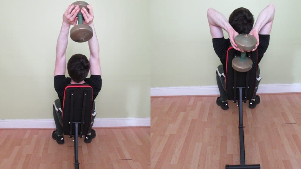 A man doing a seated tricep press with a dumbbell