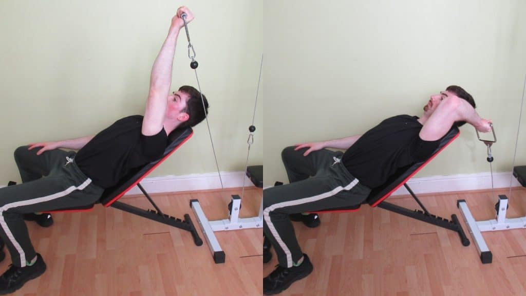 A man doing a single arm cable incline triceps extension