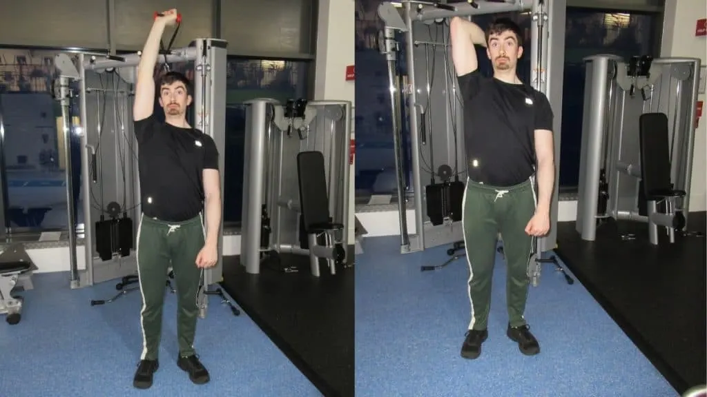 A man doing a single arm cable overhead tricep extension at the gym