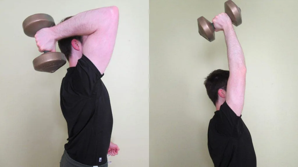 A man doing a single arm French press with a dumbbell