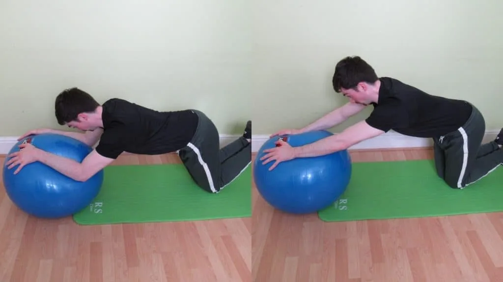 A man performing a stability ball kneeling bodyweight tricep extension