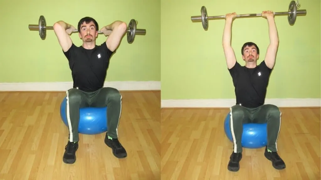 A man doing a Swiss ball French press for his triceps