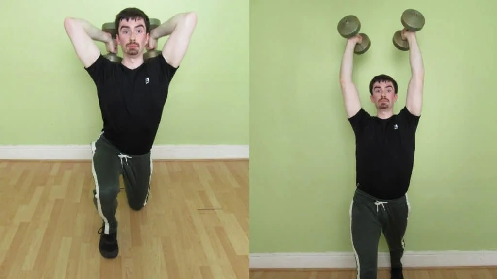 A man performing a tricep extension lunge with dumbbells