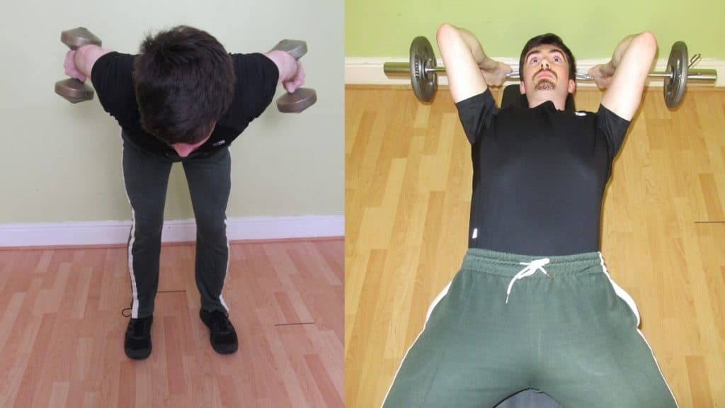 A man showing the difference between tricep extensions and dumbbell kickbacks