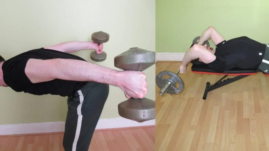 A man performing a tricep kickbacks vs skull crushers comparison