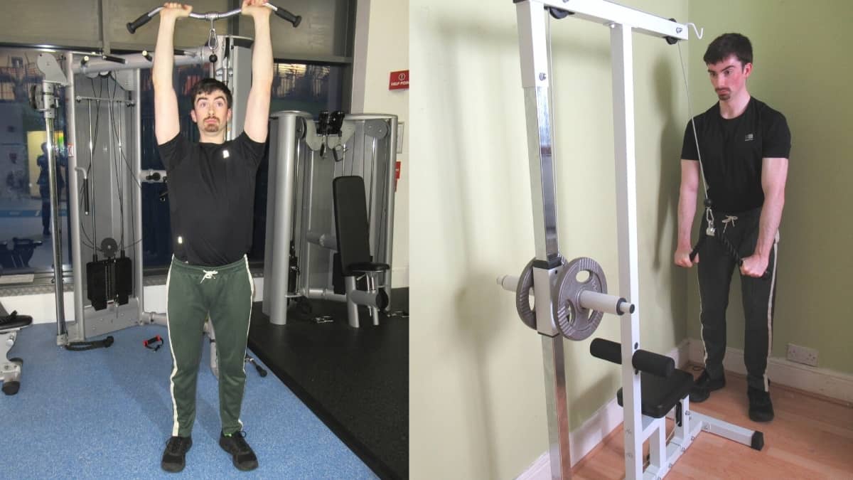 A man doing a tricep pushdowns vs overhead extensions comparison to show the differences