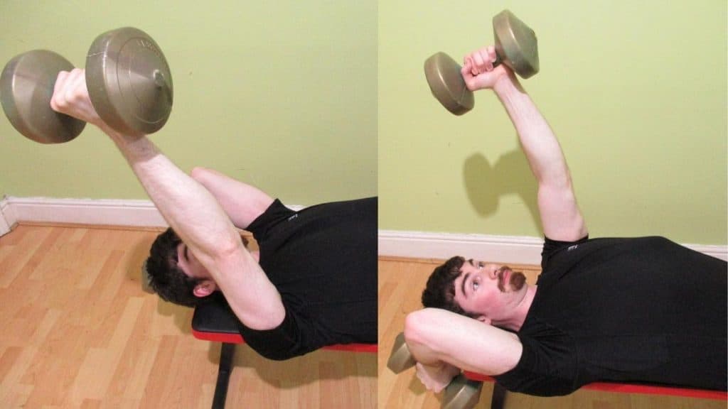 A man doing an alternate lying tricep extension with dumbbells