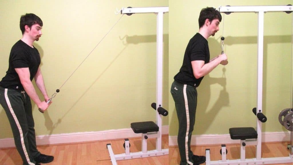 A man doing an angled bar pushdown for his triceps