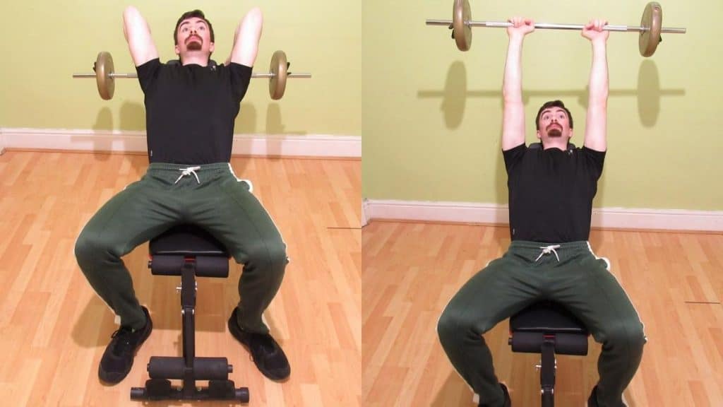 A man doing a barbell incline tricep extension