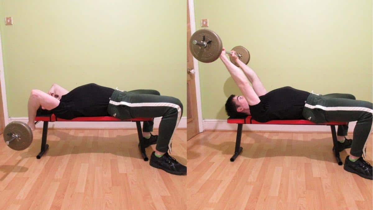 A man doing a barbell lying tricep extension