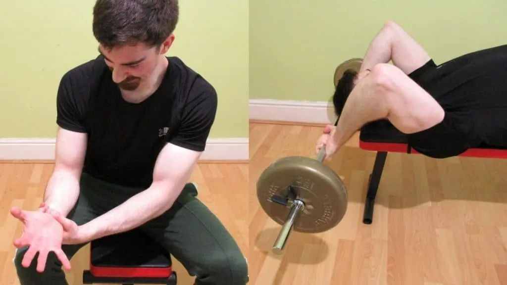 A man doing BB skull crushers with a barbell