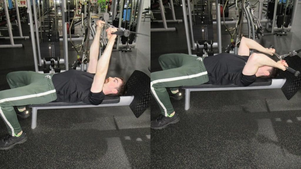 A man doing a cable lying tricep extension on the seated row station