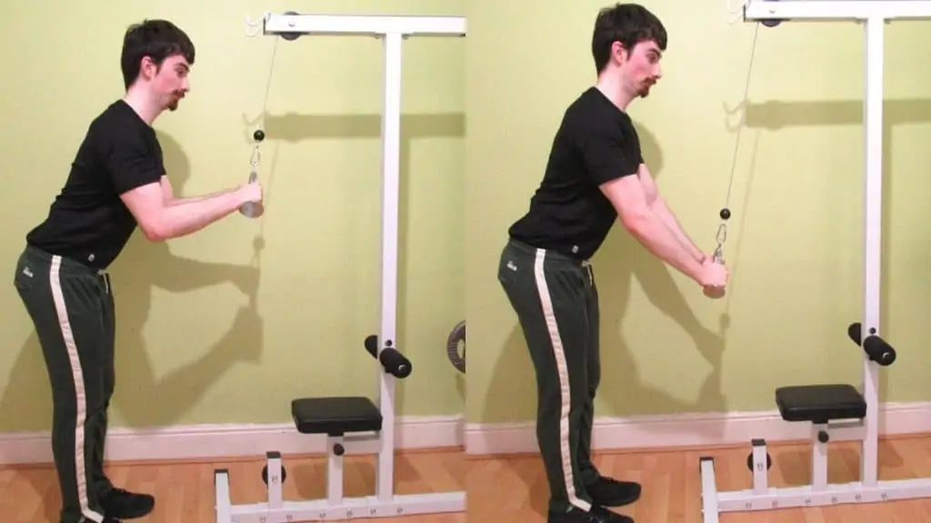 A man performing a cable v bar press down