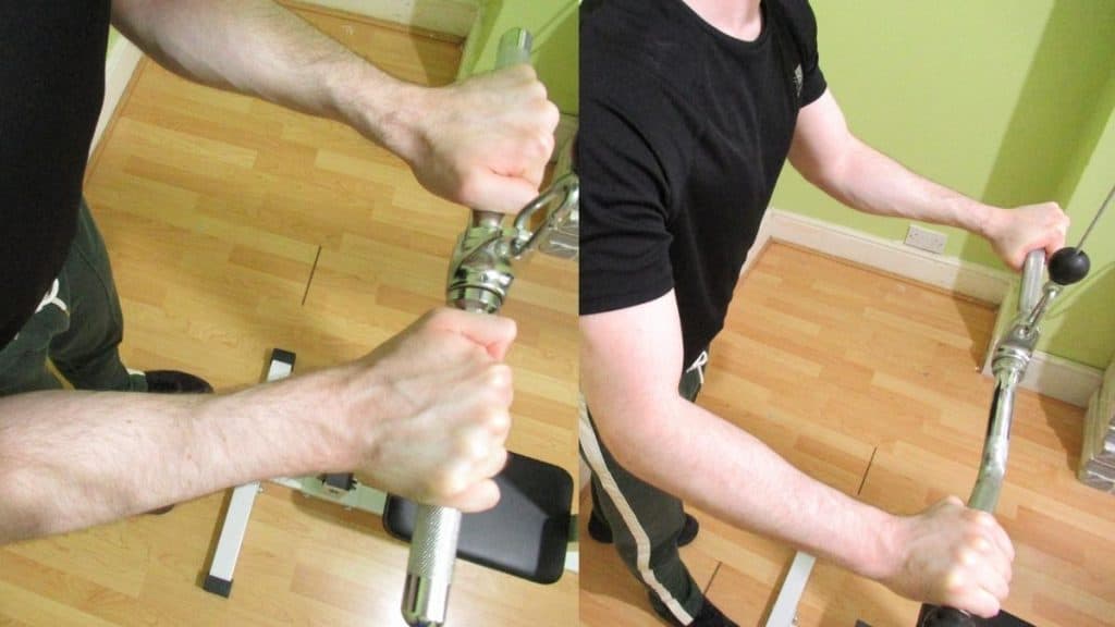 A man doing a close grip vs wide grip tricep pushdown comparison