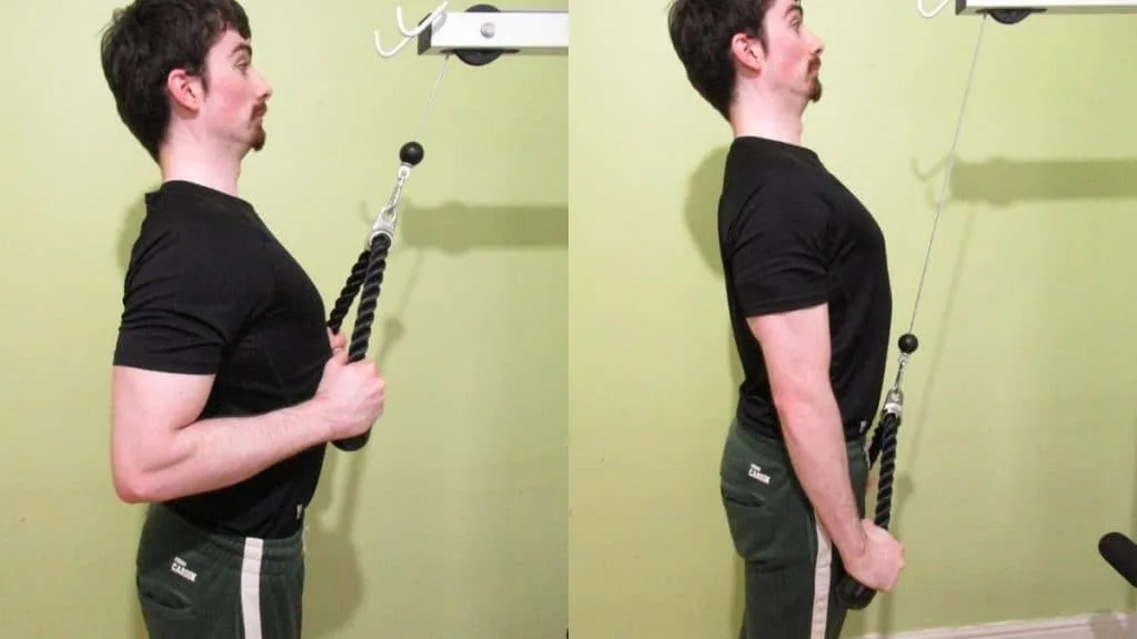 A man performing a drag pushdown for his triceps