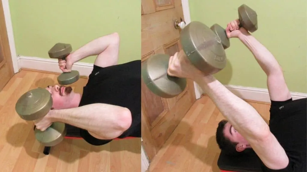 A man doing dumbbell decline bench skullcrushers