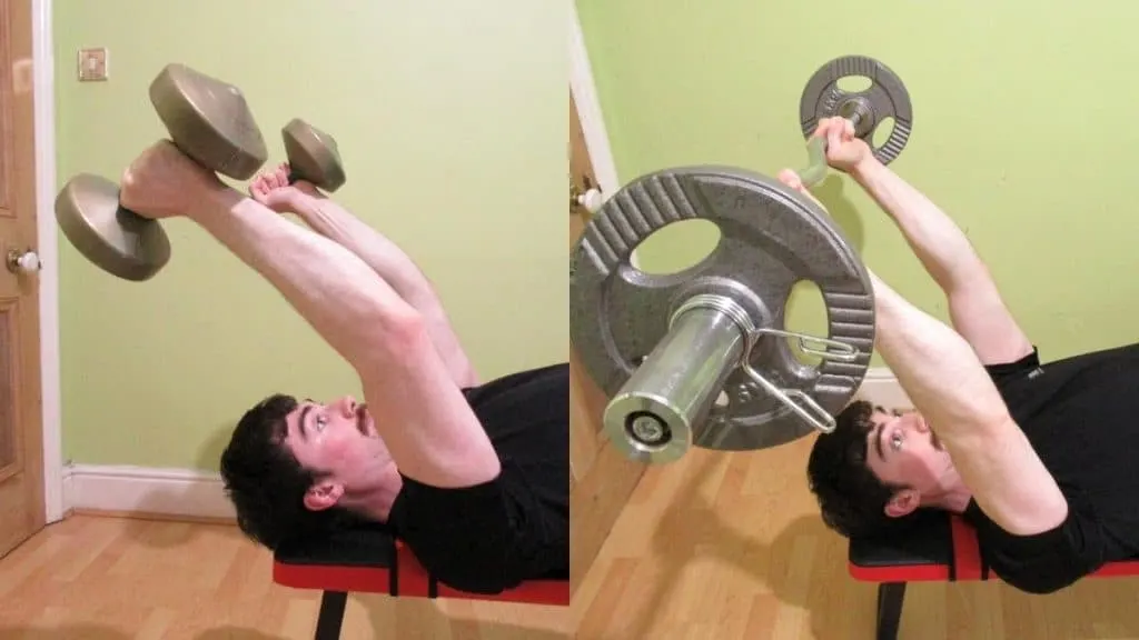 A man doing a dumbbell skull crusher vs EZ bar skull crusher comparison