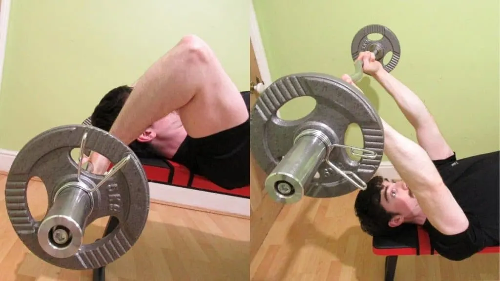 A man performing EZ bar skullcrushers for his triceps