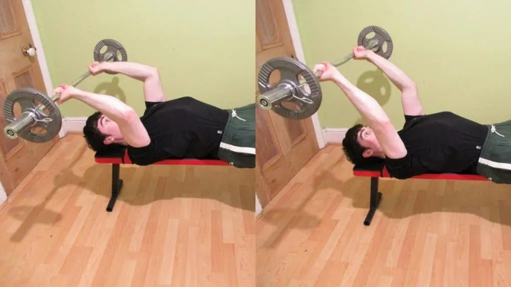 A man doing an EZ lying tri extension