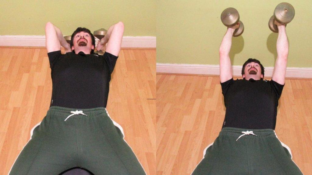 A man demonstrating how to do skull crushers with dumbbells