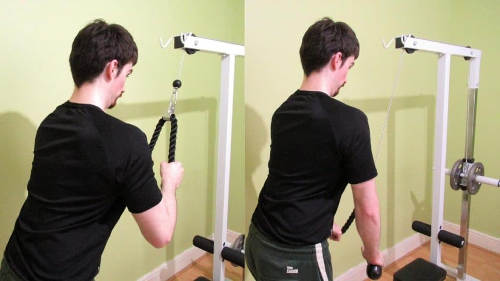 A man demonstrating how to do tricep pushdowns with a rope attachment