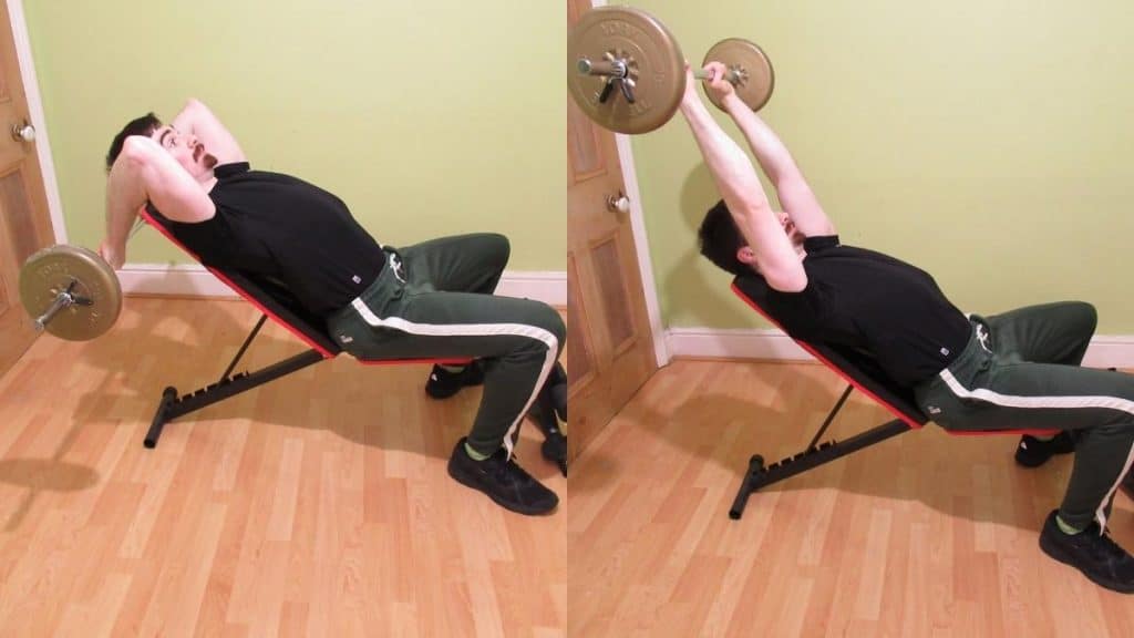A man performing incline barbell skull crushers for his triceps
