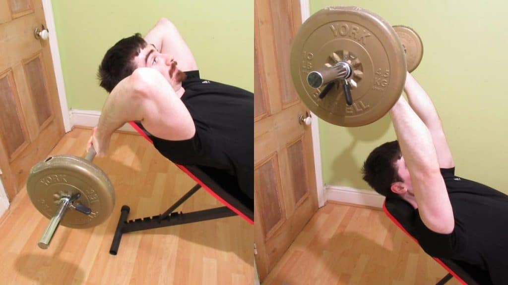A man doing some incline barbell tricep extensions