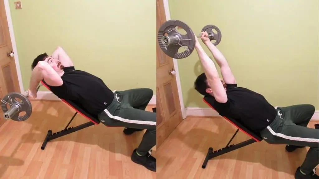 A man doing an incline EZ bar tricep extension