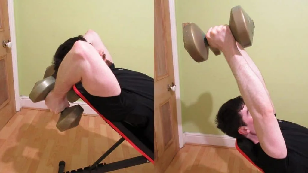 A man performing incline overhead dumbbell extensions