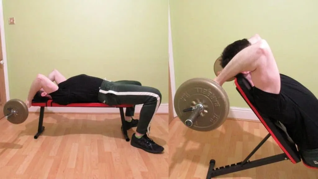 A man doing an incline skull crushers vs flat comparison