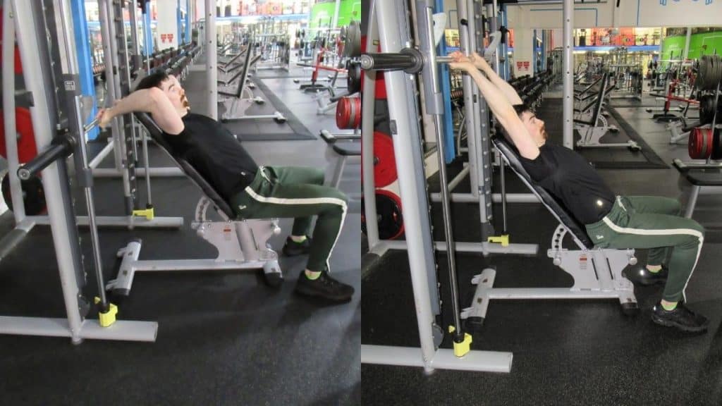 A man performing an incline Smith machine skull crusher