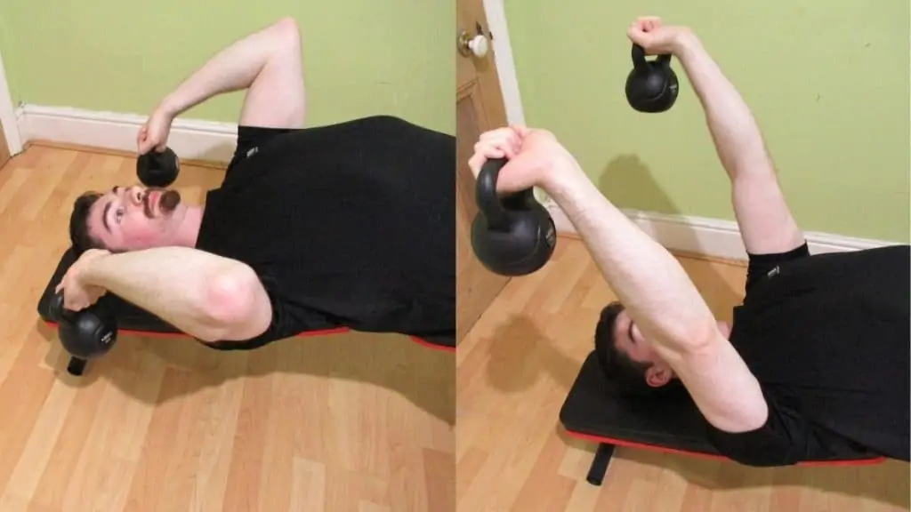 A man performing a kettlebell decline skull crusher