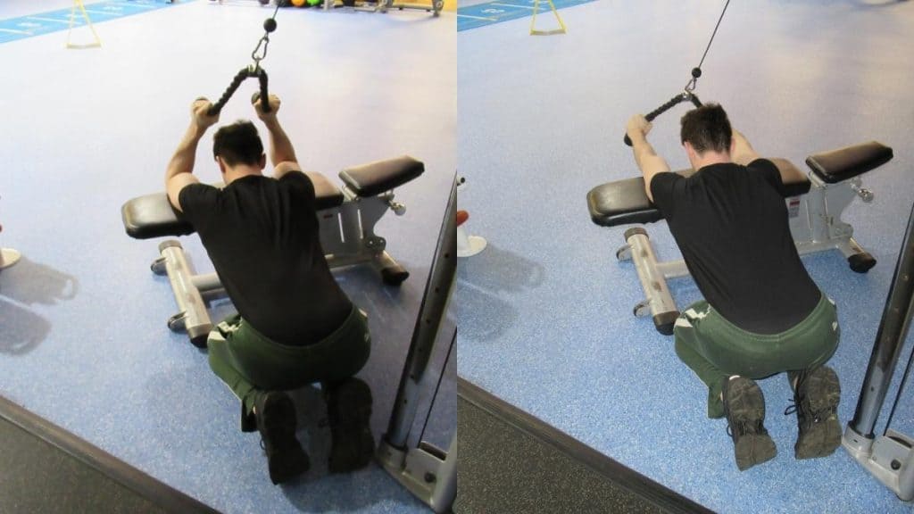 A man doing a kneeling cable tricep extension with a rope