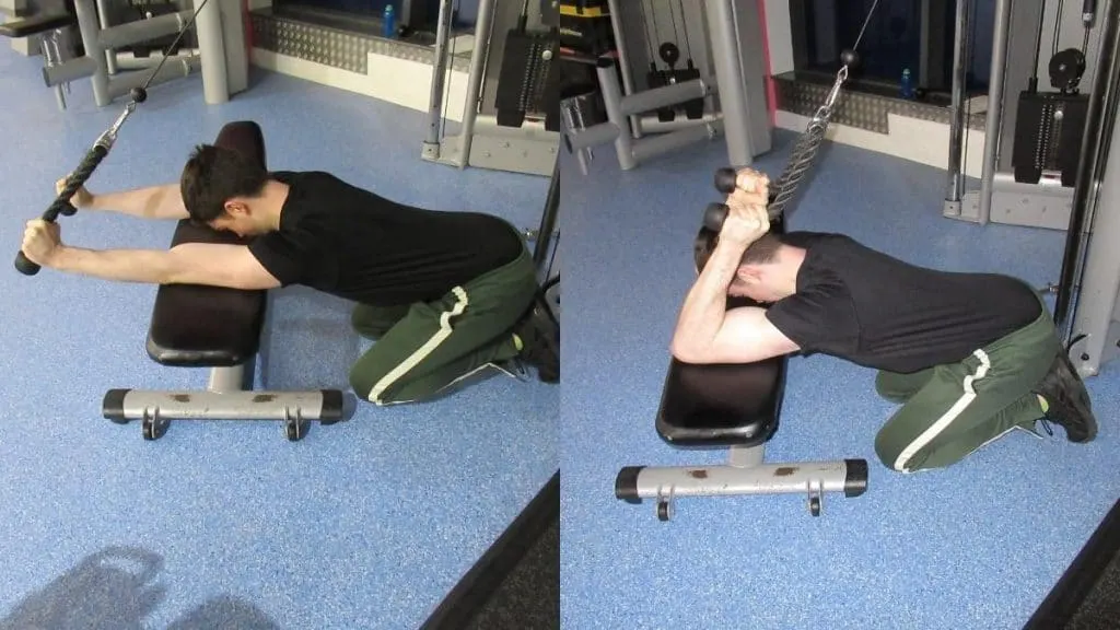 A man doing a kneeling cable triceps extension