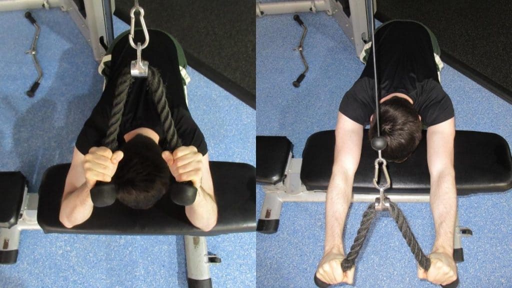 A man performing kneeling cable triceps extensions with a rope