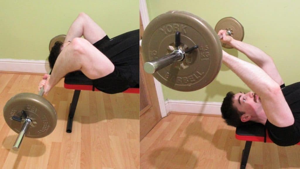 A man doing lying barbell triceps extensions