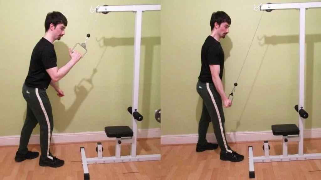 A man doing a tricep one arm cable pushdown with a single handle