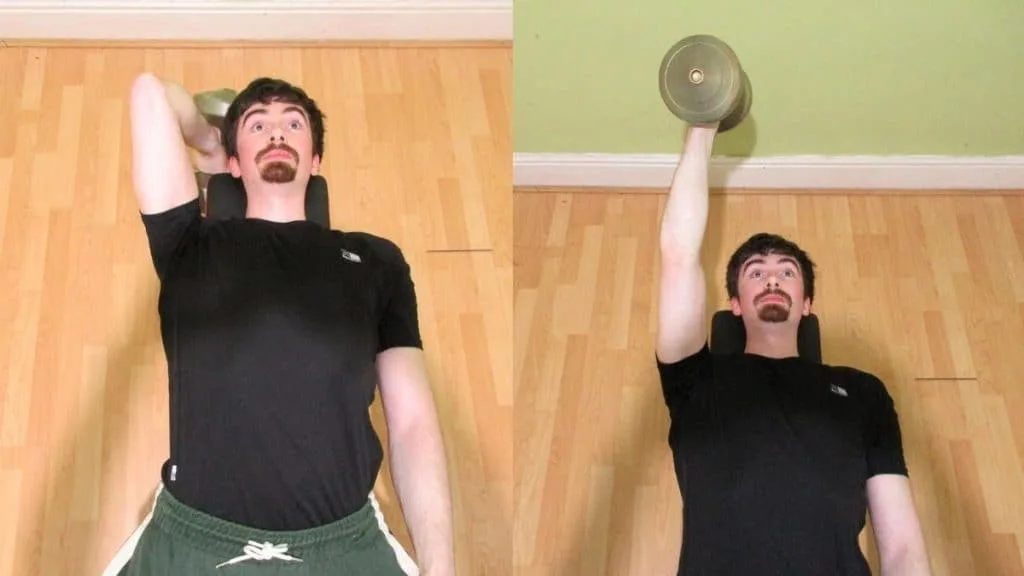 A man doing one arm skull crushers with a single dumbbell