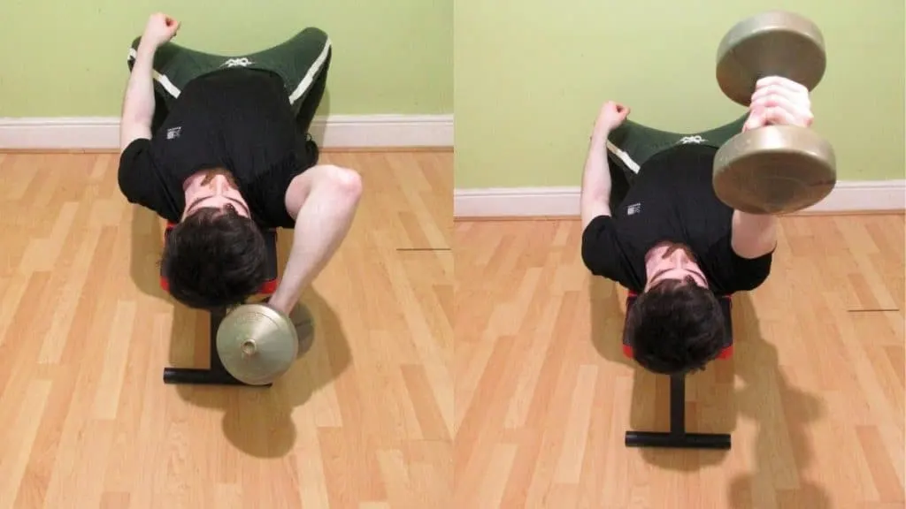 A man doing a one arm lying dumbbell triceps extension