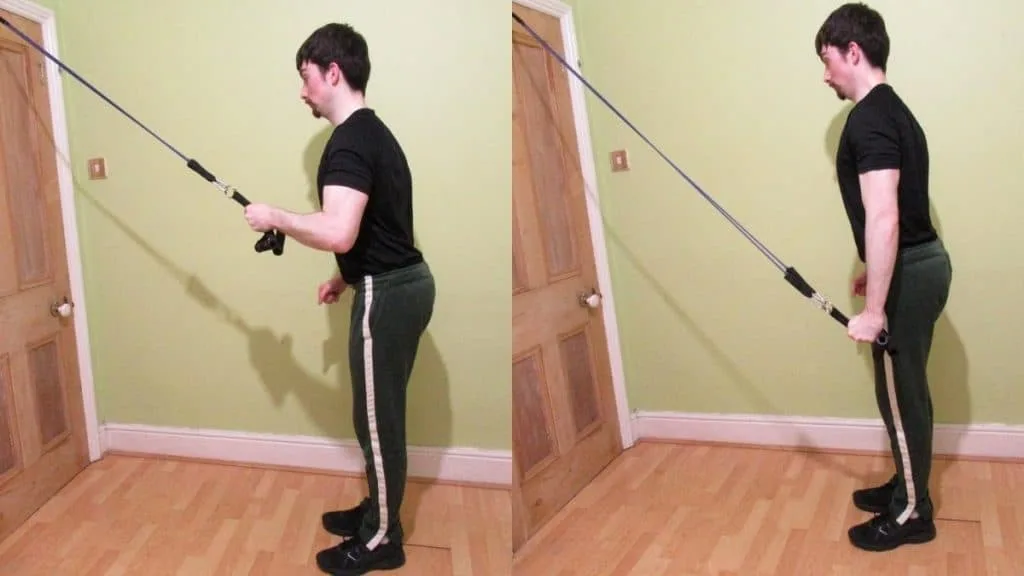 A man doing a one arm resistance band tricep pushdown