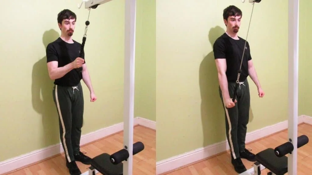 A man performing a one arm rope pushdown