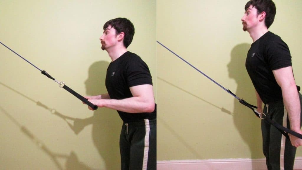 A man performing a resistance band tricep pulldown