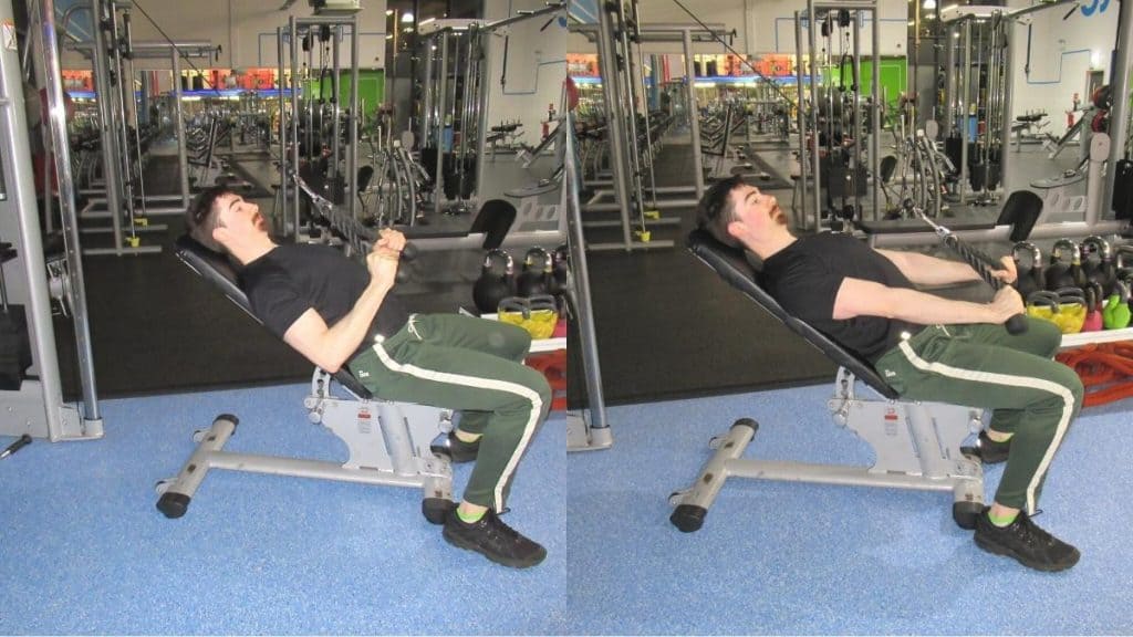A man at the gym doing a seated tricep pushdown