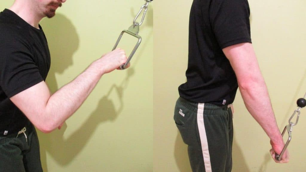 A man performing a single arm cable extension for his triceps